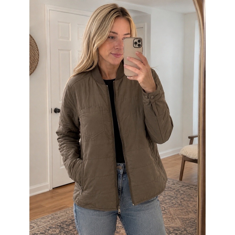 Michael Stars Quilted Bomber Jacket Womens L Olive Zip Padded Utility Coat